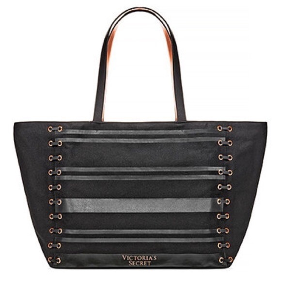 Victorias Secret Canvas Weekender Travel Large Zipper Tote Bag Rose Gold Detail - Picture 13 of 16